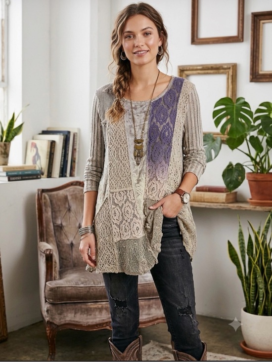 Adore Tops - Adore Lace Textured Patchwork Boho Artsy Fairycore Whimsy Tunic Large.